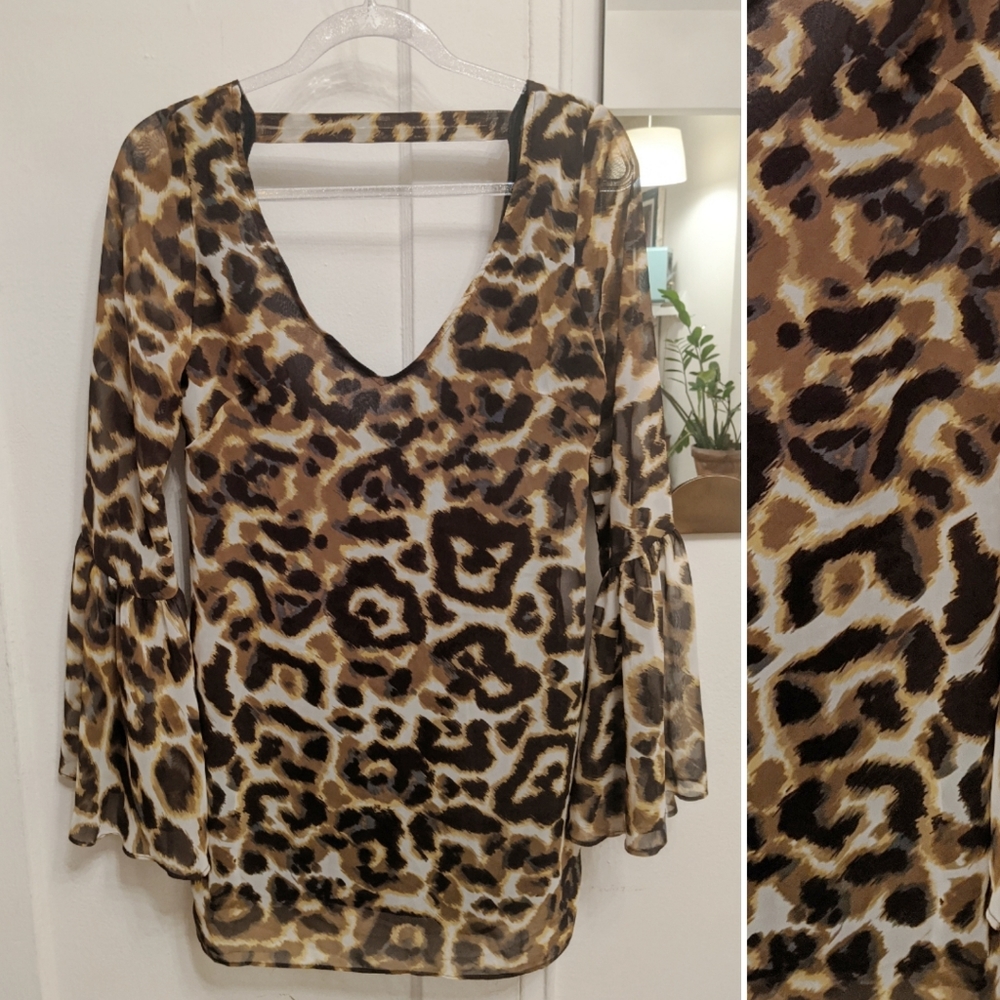 ❤️ SMYM Leopard Mini DRESS Bell Slv OPEN BACK V